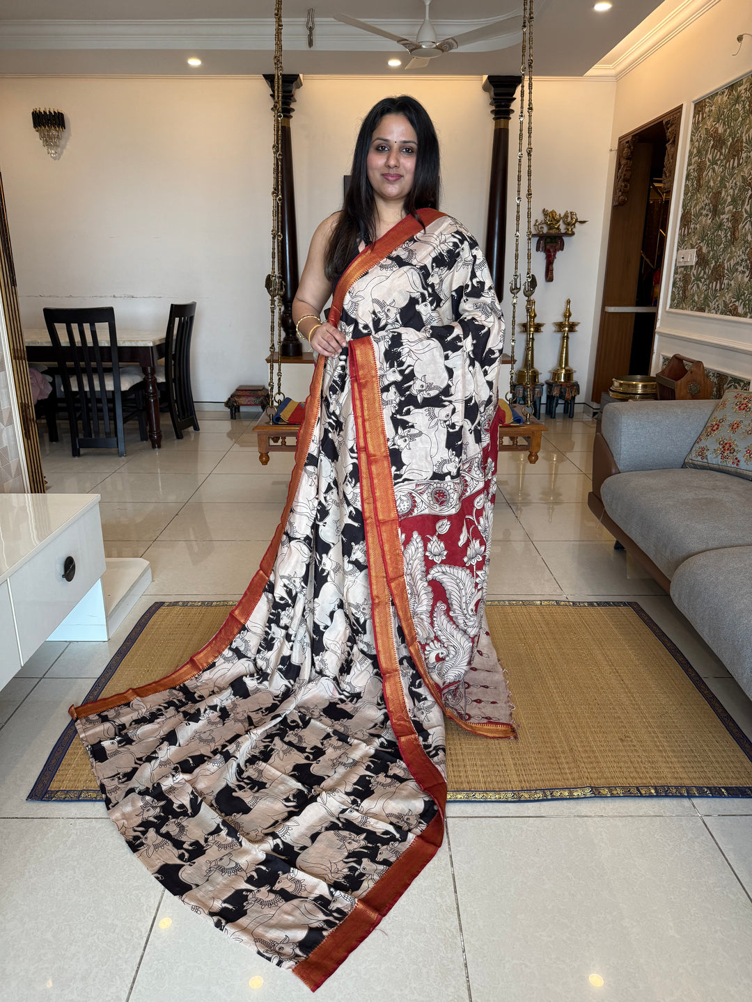 Black with Red , Kalamkari print in the body , Pallu and Blouse Semi Maheswari Silk Saree