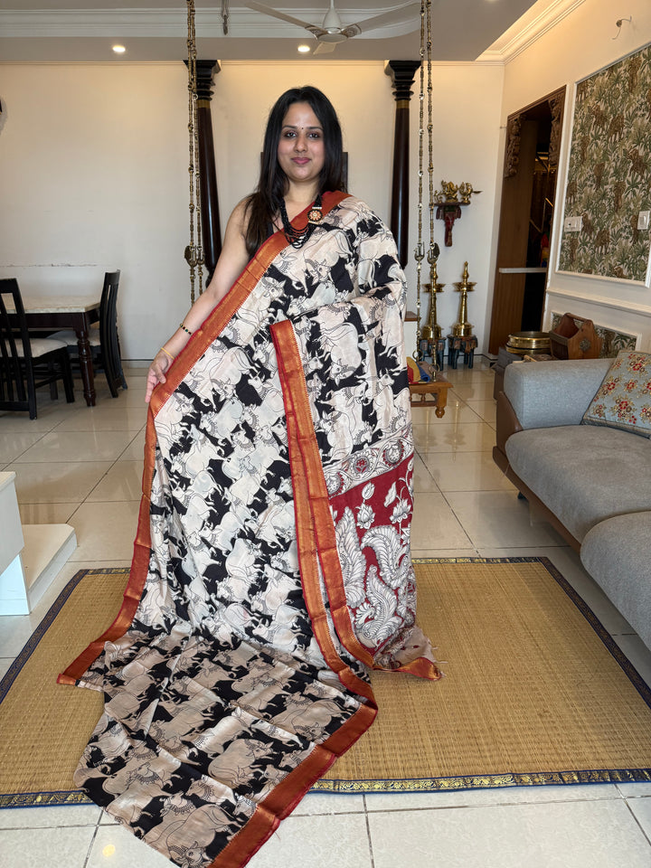 Black with Red , Kalamkari print in the body , Pallu and Blouse Semi Maheswari Silk Saree