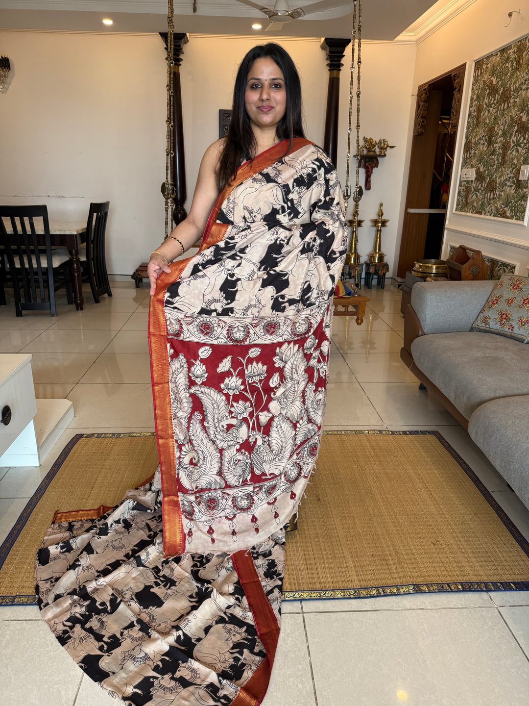 Black with Red , Kalamkari print in the body , Pallu and Blouse Semi Maheswari Silk Saree