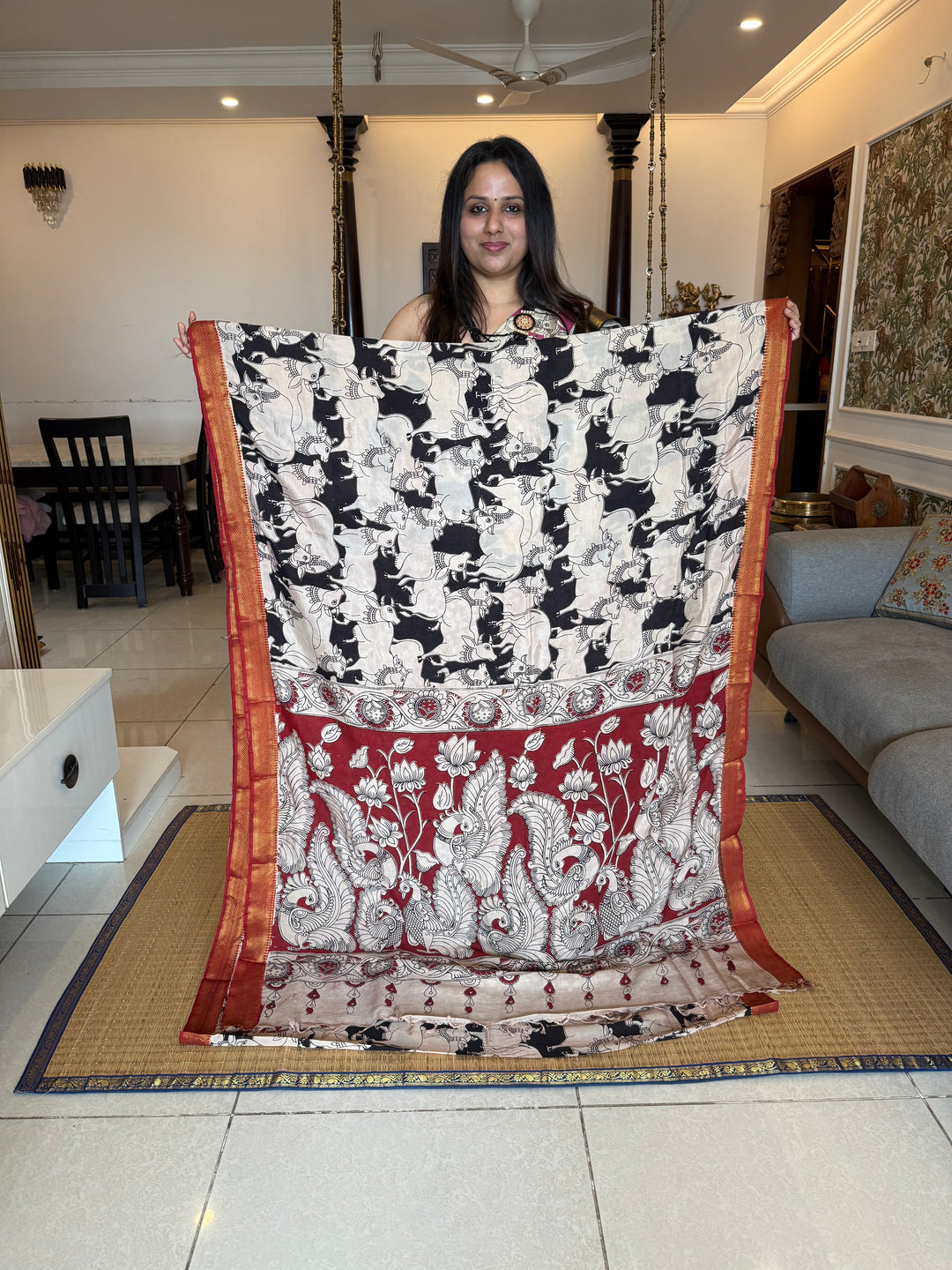 Black with Red , Kalamkari print in the body , Pallu and Blouse Semi Maheswari Silk Saree