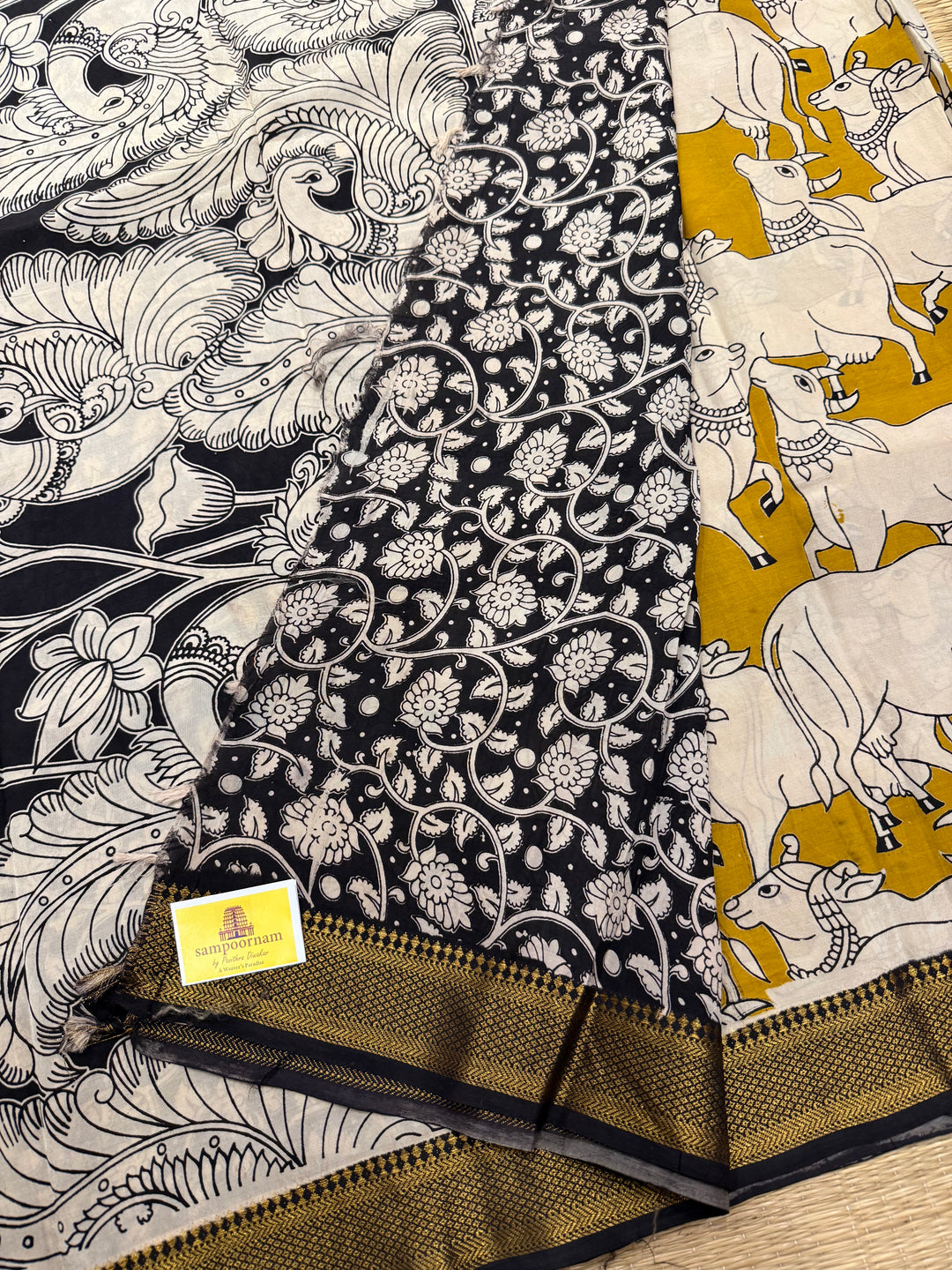 Mustard with Black , Kalamkari print in the body , Pallu and Blouse Semi Maheswari Silk Saree