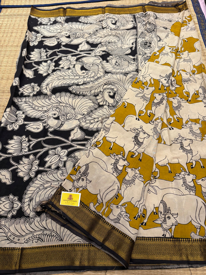 Mustard with Black , Kalamkari print in the body , Pallu and Blouse Semi Maheswari Silk Saree