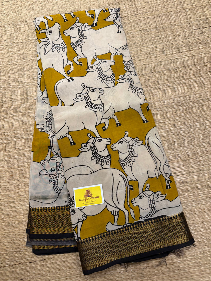 Mustard with Black , Kalamkari print in the body , Pallu and Blouse Semi Maheswari Silk Saree