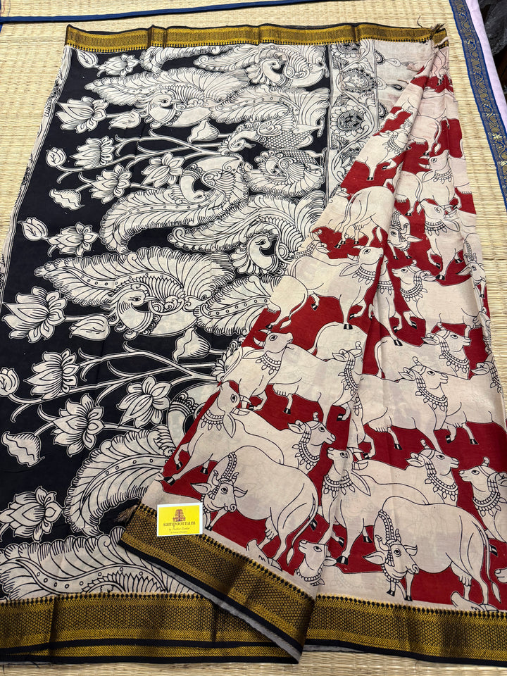 Red with Black , Kalamkari print in the body , Pallu and Blouse Semi Maheswari Silk Saree