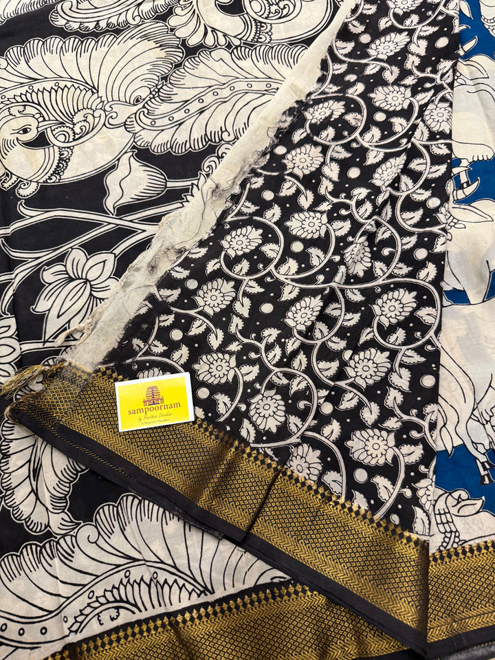 Blue with Black , Kalamkari print in the body , Pallu and Blouse Semi Maheswari Silk Saree