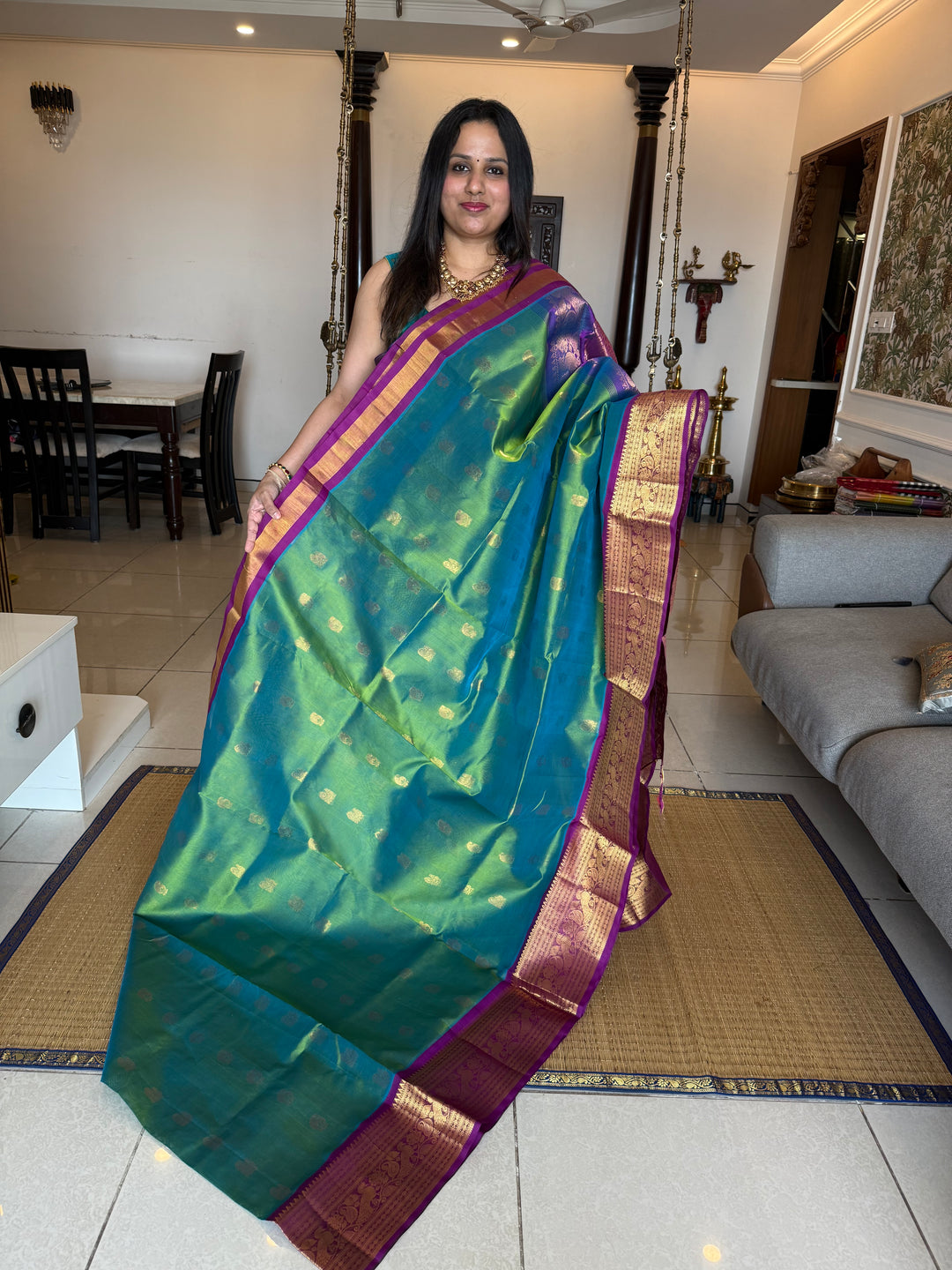 Bluish Green with Purple ,one Side Big Kanchi Border with Rich Zari Butta in the Body and Grand Pallu Korvai Silk Cotton Saree