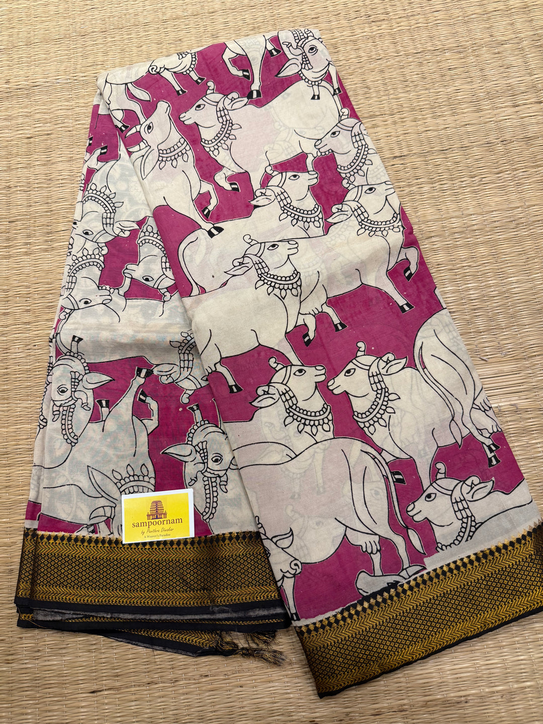 Pink with Black , Kalamkari print in the body , Pallu and Blouse Semi Maheswari Silk Saree