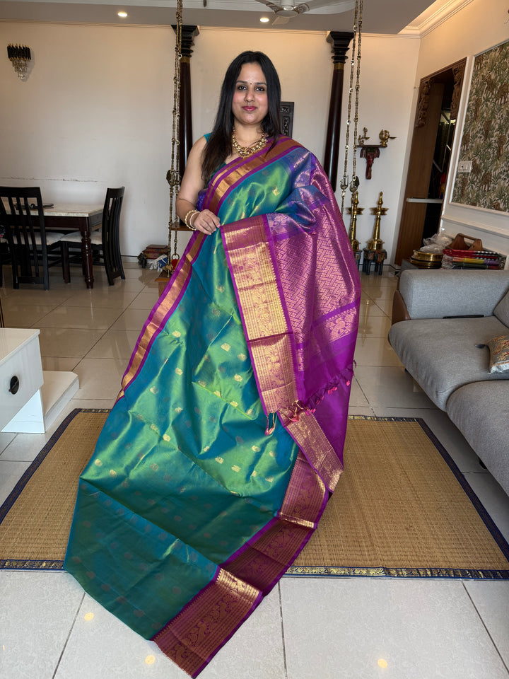 Bluish Green with Purple ,one Side Big Kanchi Border with Rich Zari Butta in the Body and Grand Pallu Korvai Silk Cotton Saree