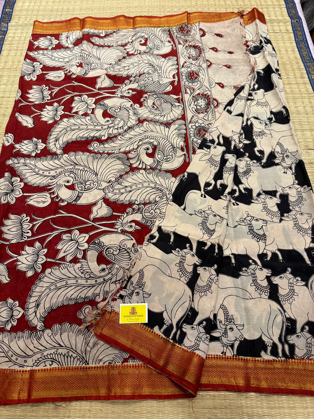 Black with Red , Kalamkari print in the body , Pallu and Blouse Semi Maheswari Silk Saree