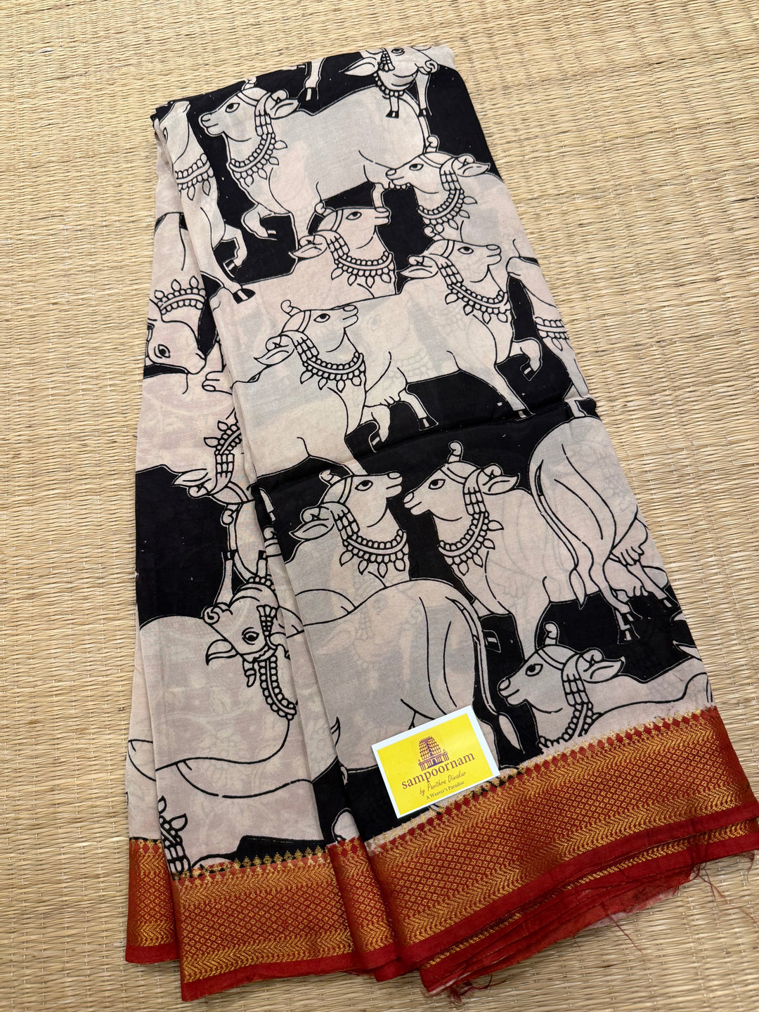 Black with Red , Kalamkari print in the body , Pallu and Blouse Semi Maheswari Silk Saree