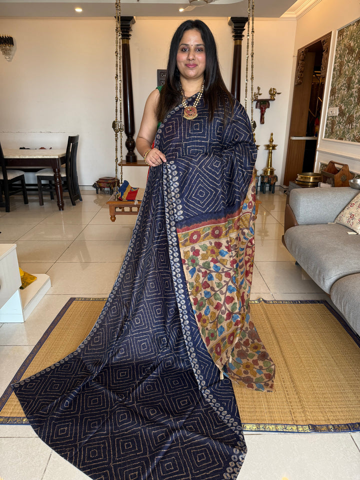 Dark Blue with Cream , Bandini  print in the body , Kalamkari Pallu and Body Soft Cotton Saree