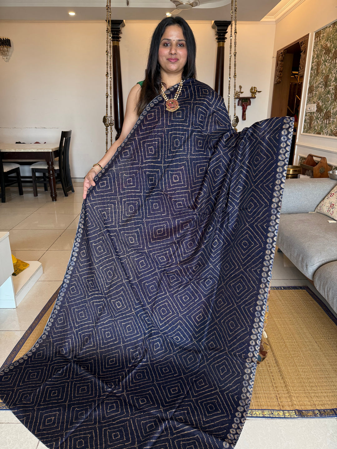 Dark Blue with Cream , Bandini  print in the body , Kalamkari Pallu and Body Soft Cotton Saree