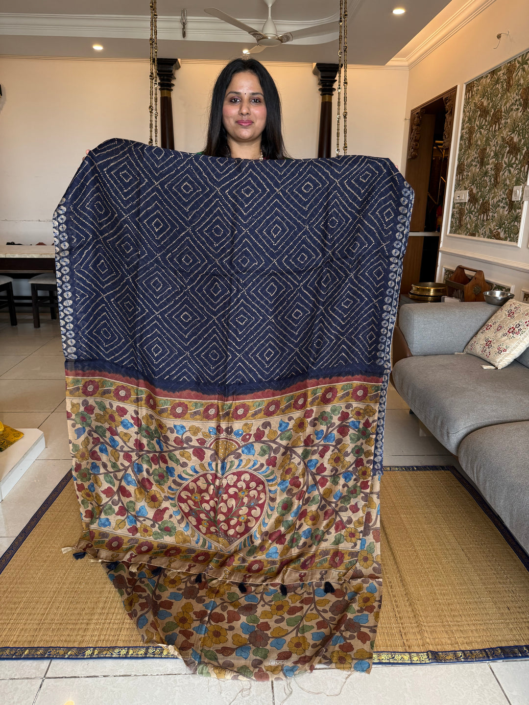 Dark Blue with Cream , Bandini  print in the body , Kalamkari Pallu and Body Soft Cotton Saree