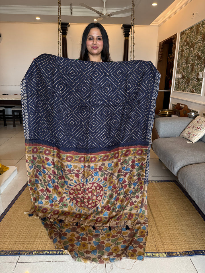 Dark Blue with Cream , Bandini  print in the body , Kalamkari Pallu and Body Soft Cotton Saree