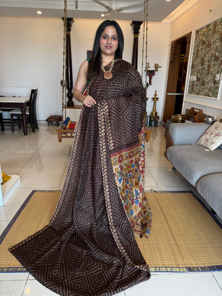 Brown with Cream , Bandini print in thebody , Kalamkari Pallu and Body Soft Cotton Saree