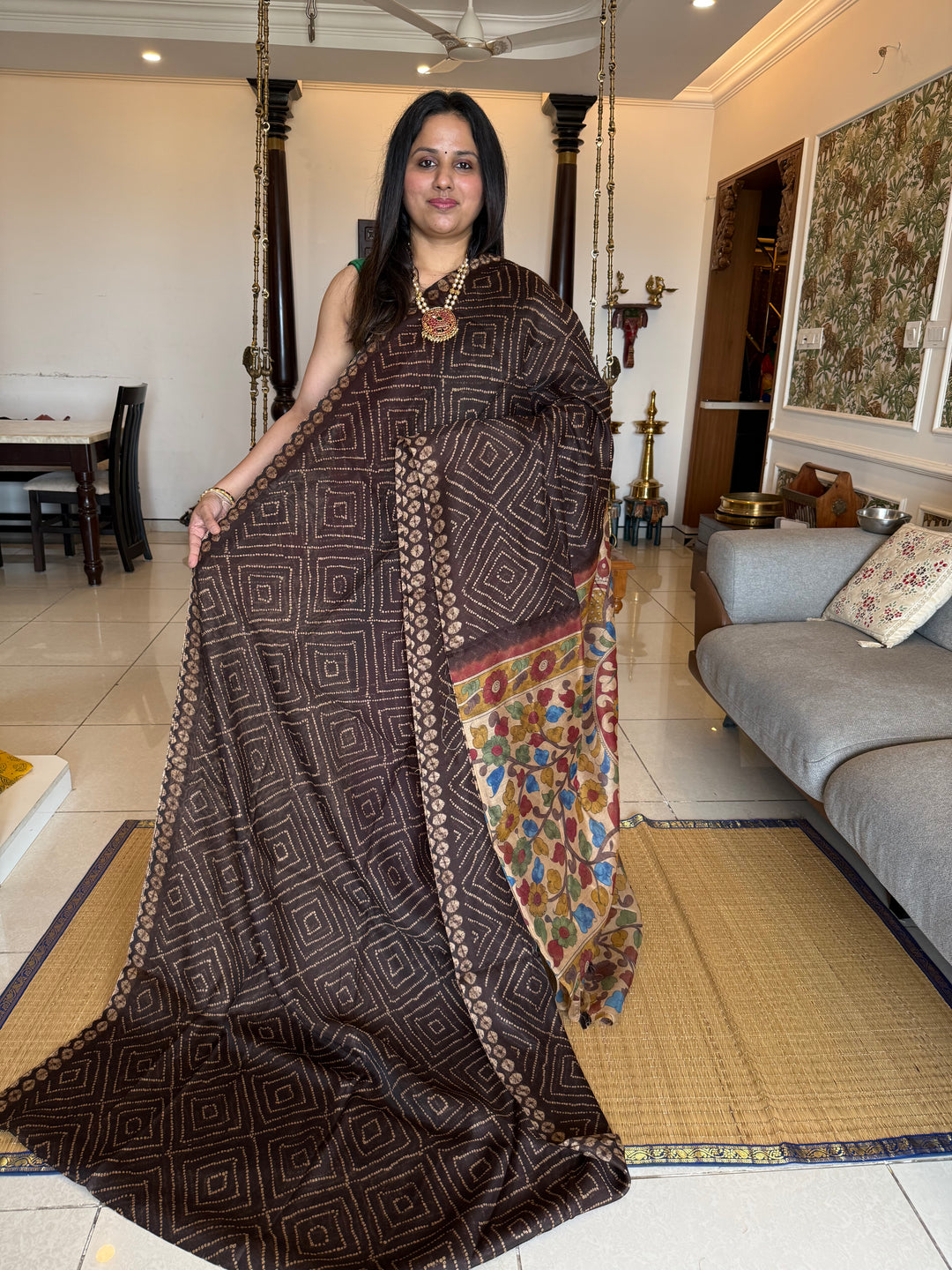 Brown with Cream , Bandini print in thebody , Kalamkari Pallu and Body Soft Cotton Saree