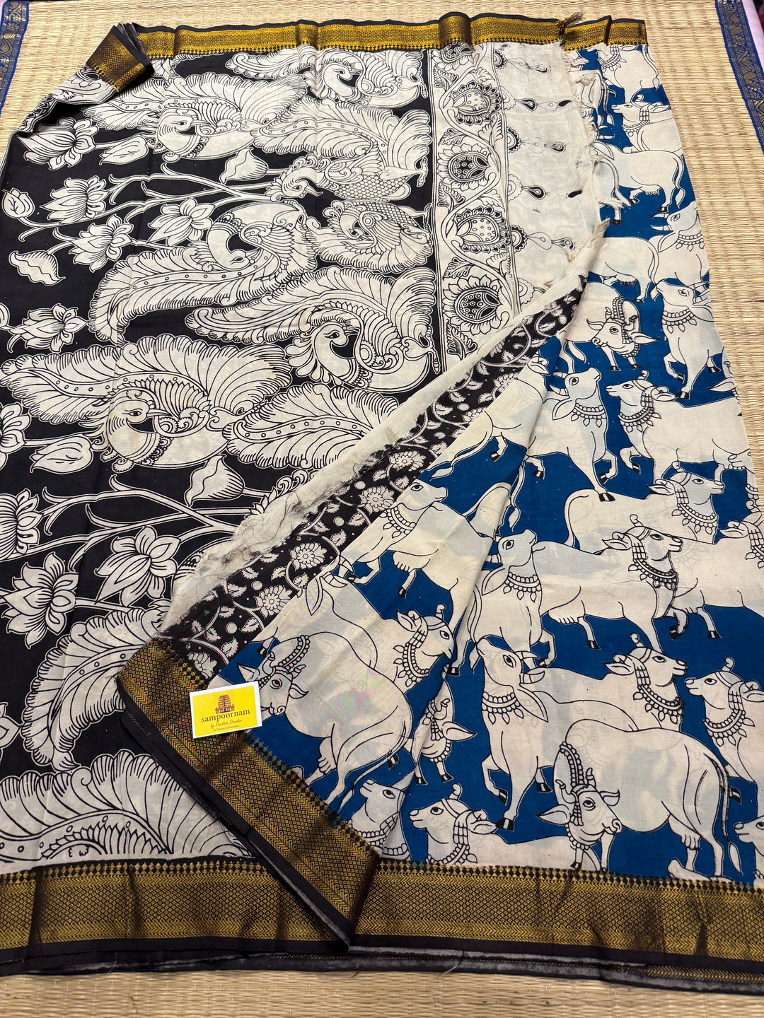 Blue with Black , Kalamkari print in the body , Pallu and Blouse Semi Maheswari Silk Saree