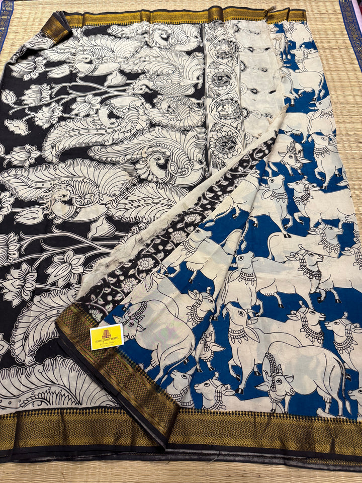 Blue with Black , Kalamkari print in the body , Pallu and Blouse Semi Maheswari Silk Saree