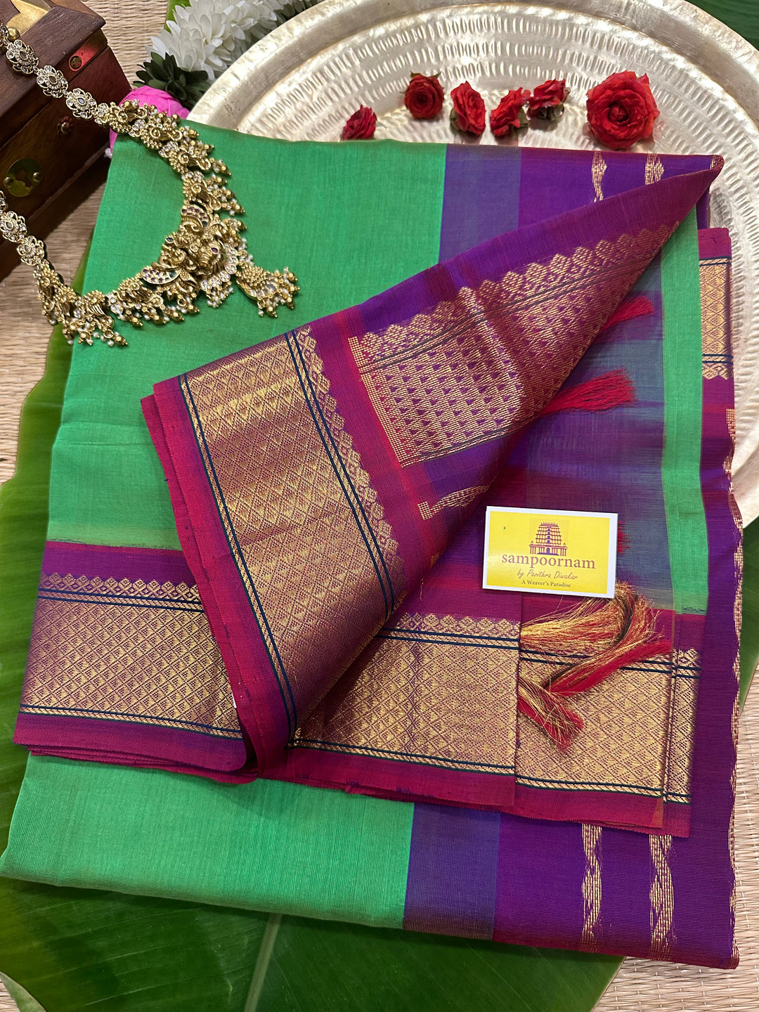 Green with Purple Korvai Silk Cotton Saree