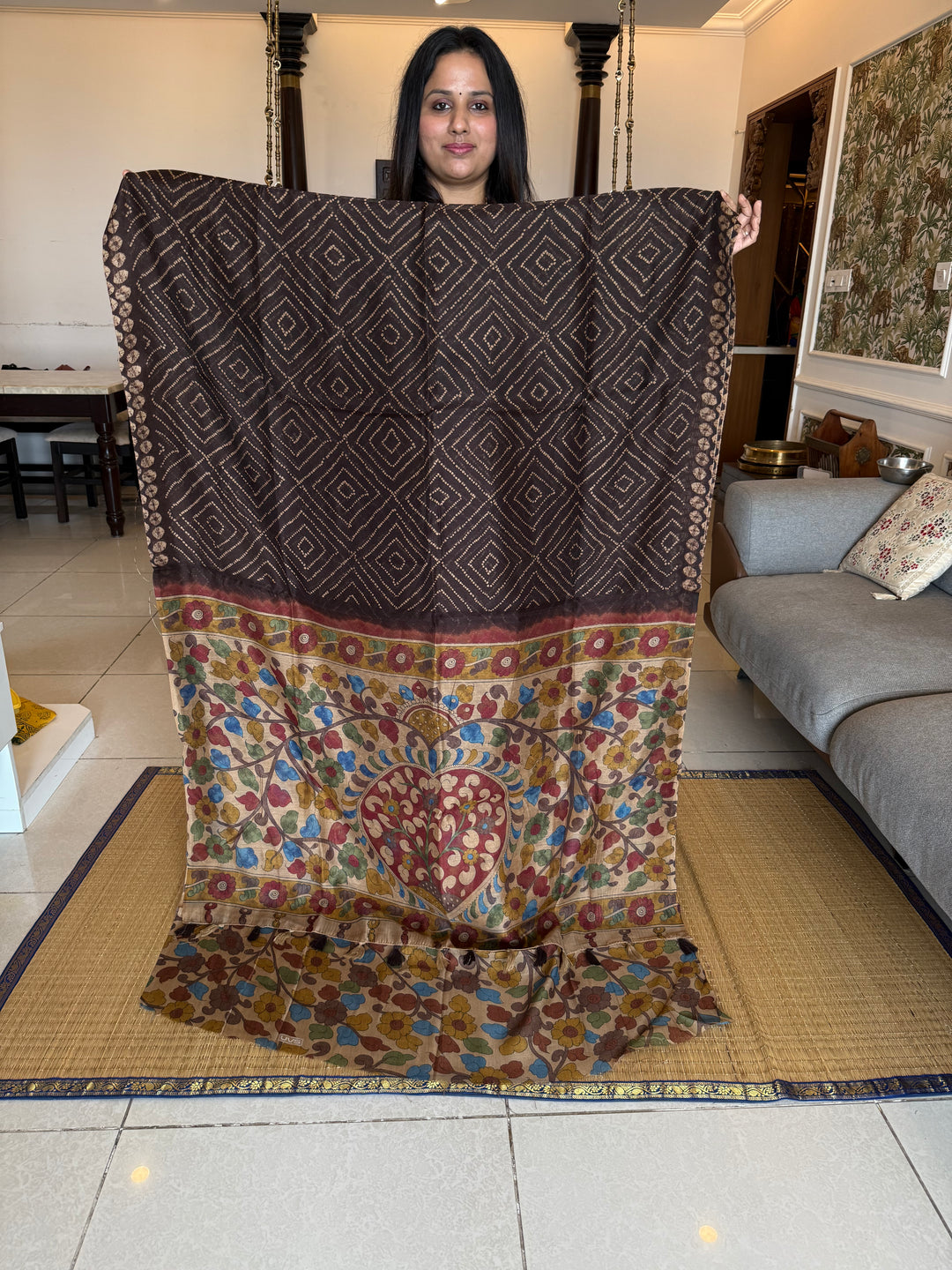 Brown with Cream , Bandini print in thebody , Kalamkari Pallu and Body Soft Cotton Saree