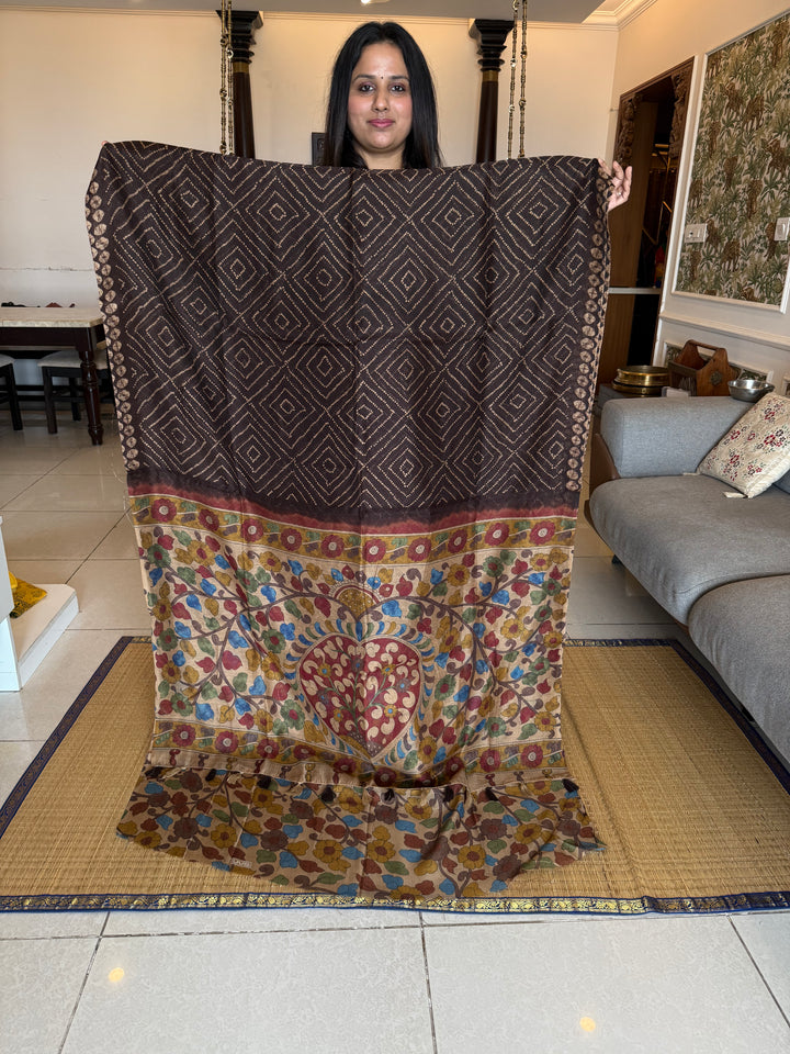 Brown with Cream , Bandini print in thebody , Kalamkari Pallu and Body Soft Cotton Saree
