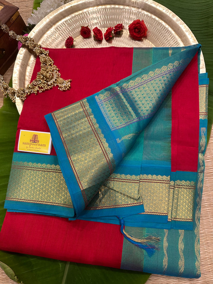 Red with Turquoise Blue Korvai Silk Cotton Saree