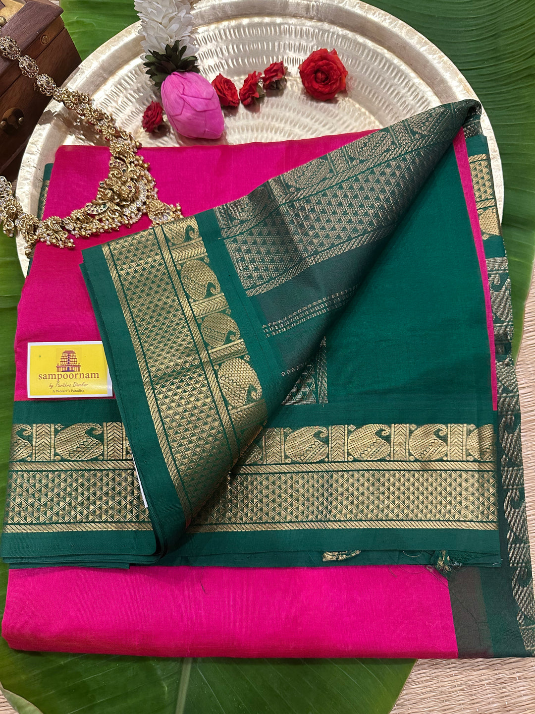 Magenta with Green Korvai Silk Cotton Saree