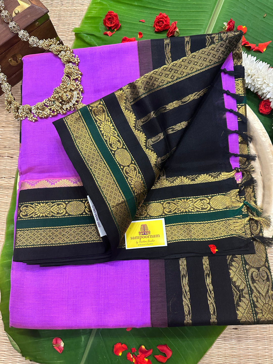 Lavender with Black Korvai Silk Cotton Saree