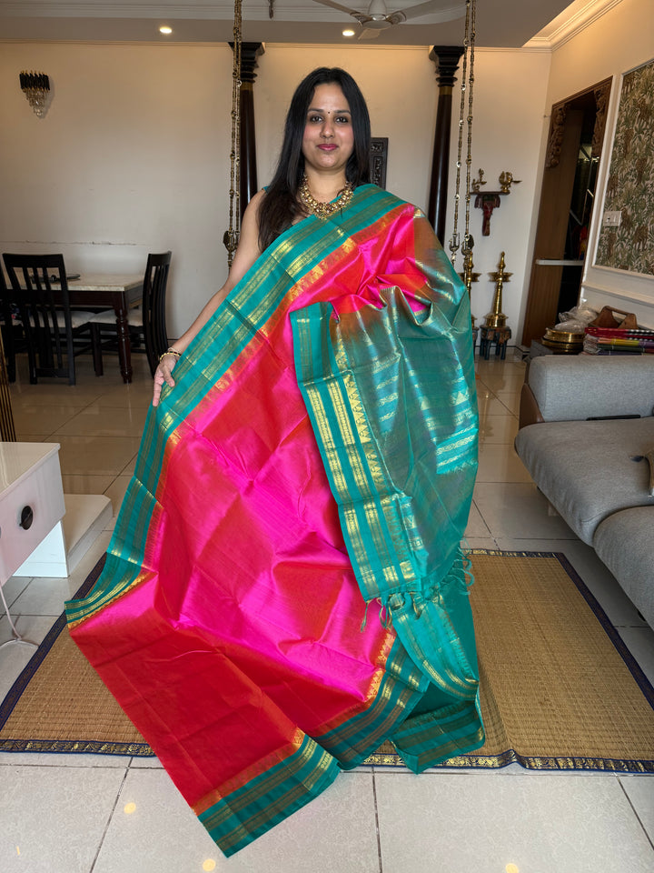 Rani Pink with Turquoise Blue Vairaoosi Zari Lines in the Body Traditional Borders and Rich Pallu Korvai Silk Cotton Saree