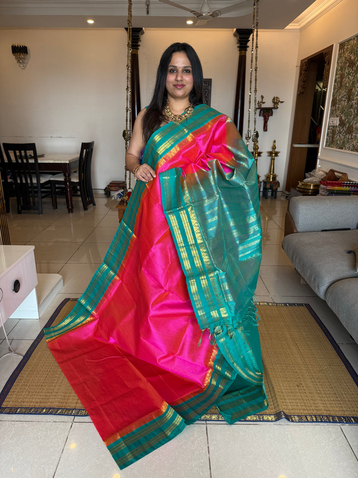 Rani Pink with Turquoise Blue Vairaoosi Zari Lines in the Body Traditional Borders and Rich Pallu Korvai Silk Cotton Saree
