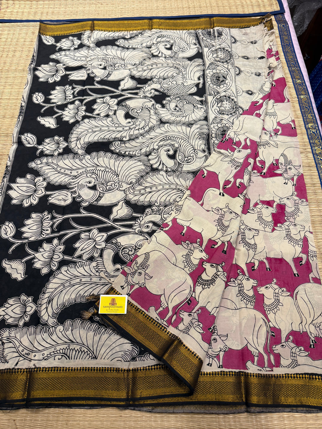 Pink with Black , Kalamkari print in the body , Pallu and Blouse Semi Maheswari Silk Saree
