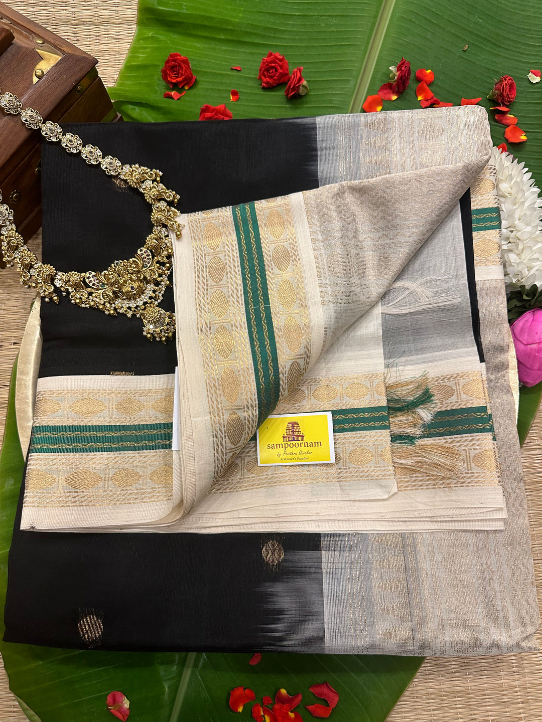 Black with White Body Butta Korvai Silk Cotton Saree