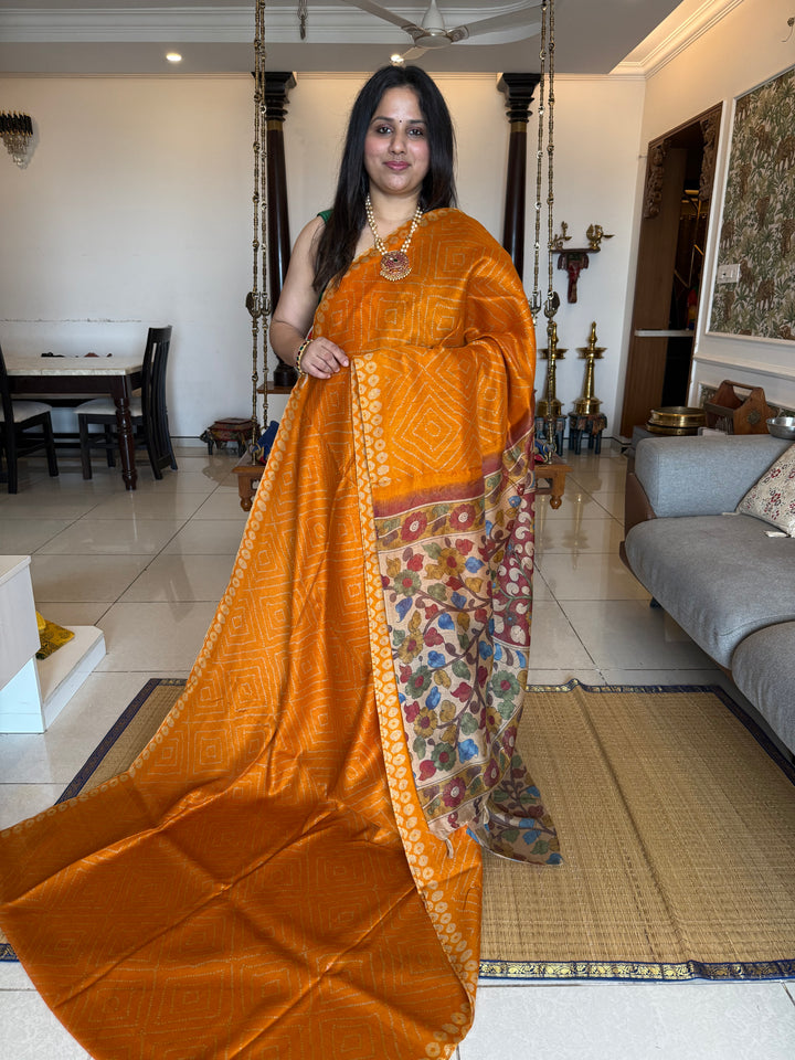 Orange with Cream , Bandini print in the body , Kalamkari Pallu and Body Soft Cotton Saree