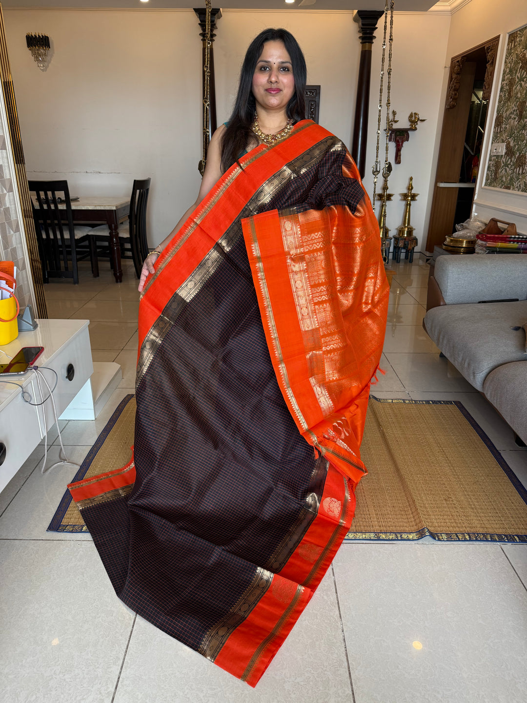 Dark Brown with Fanta Orange  ,Thread Kattam in the body , one side border with Annam Motif and rich Pallu Korvai Silk Cotton Saree