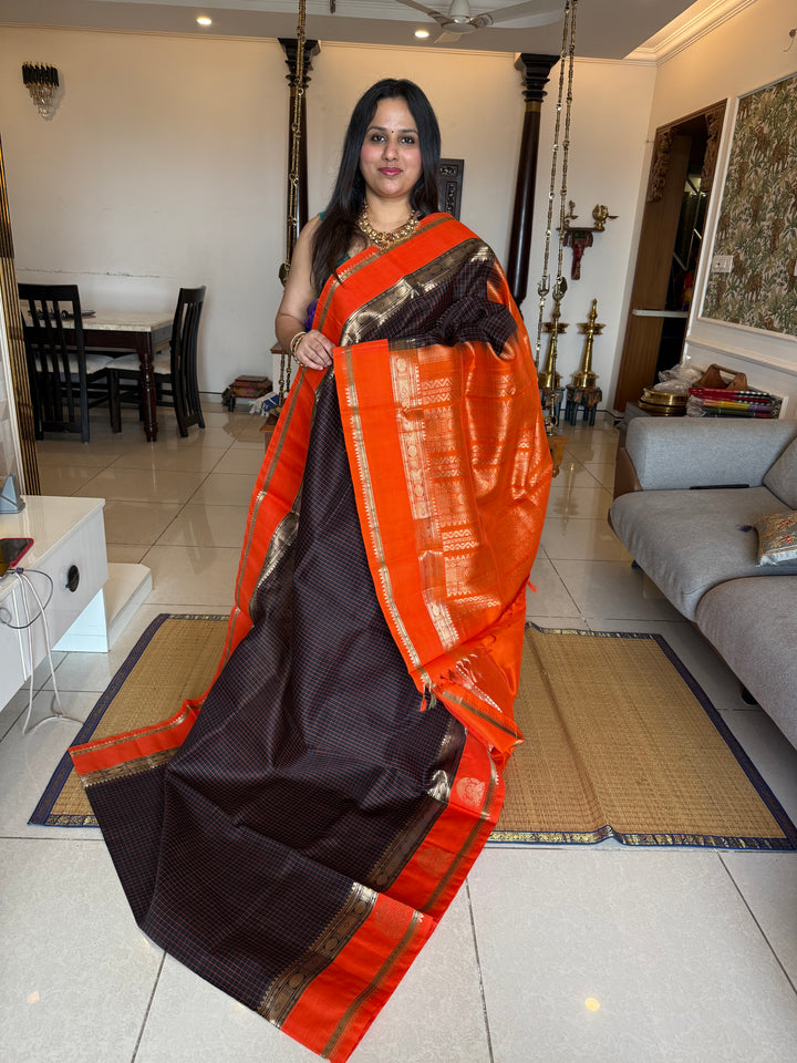 Dark Brown with Fanta Orange  ,Thread Kattam in the body , one side border with Annam Motif and rich Pallu Korvai Silk Cotton Saree