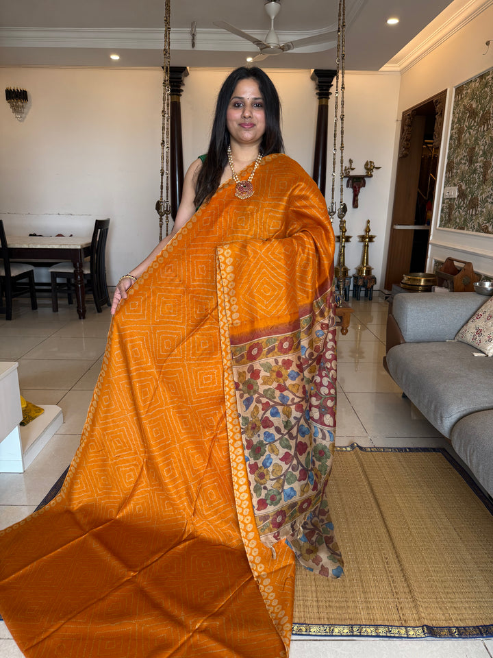 Orange with Cream , Bandini print in the body , Kalamkari Pallu and Body Soft Cotton Saree