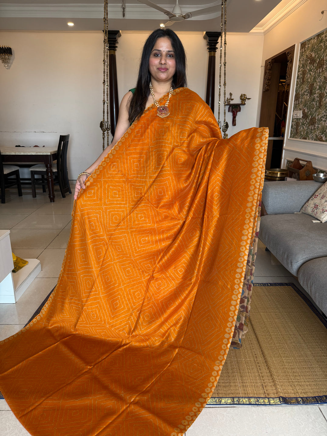 Orange with Cream , Bandini print in the body , Kalamkari Pallu and Body Soft Cotton Saree