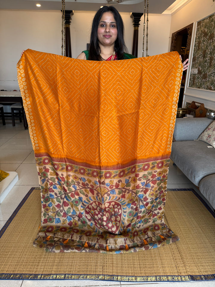 Orange with Cream , Bandini print in the body , Kalamkari Pallu and Body Soft Cotton Saree