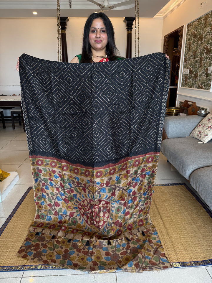 Black with Cream , Bandini print in the body , Kalamkari Pallu and Body Soft Cotton Saree