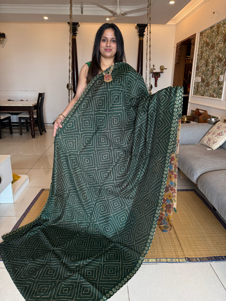 Green with Cream , Bandini print in the body , Kalamkari Pallu and Body Soft Cotton Saree