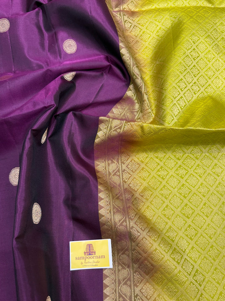 Brinjal Purple with Lemon Green, Rich Coin Zari Butta in The Body Pure Soft Silk Saree