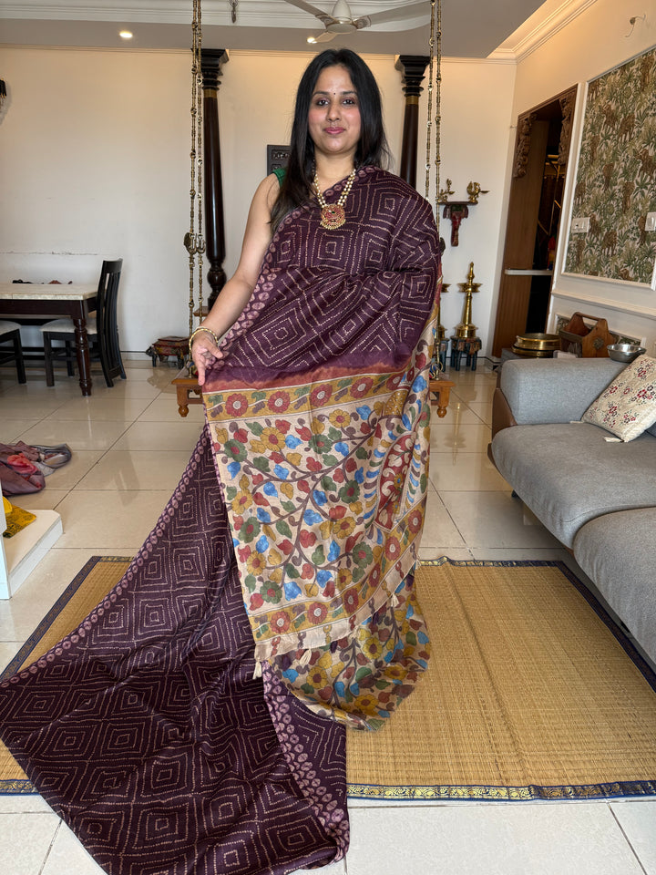 Wine with Cream , Bandini print in the body , Kalamkari Pallu and Body Soft Cotton Saree