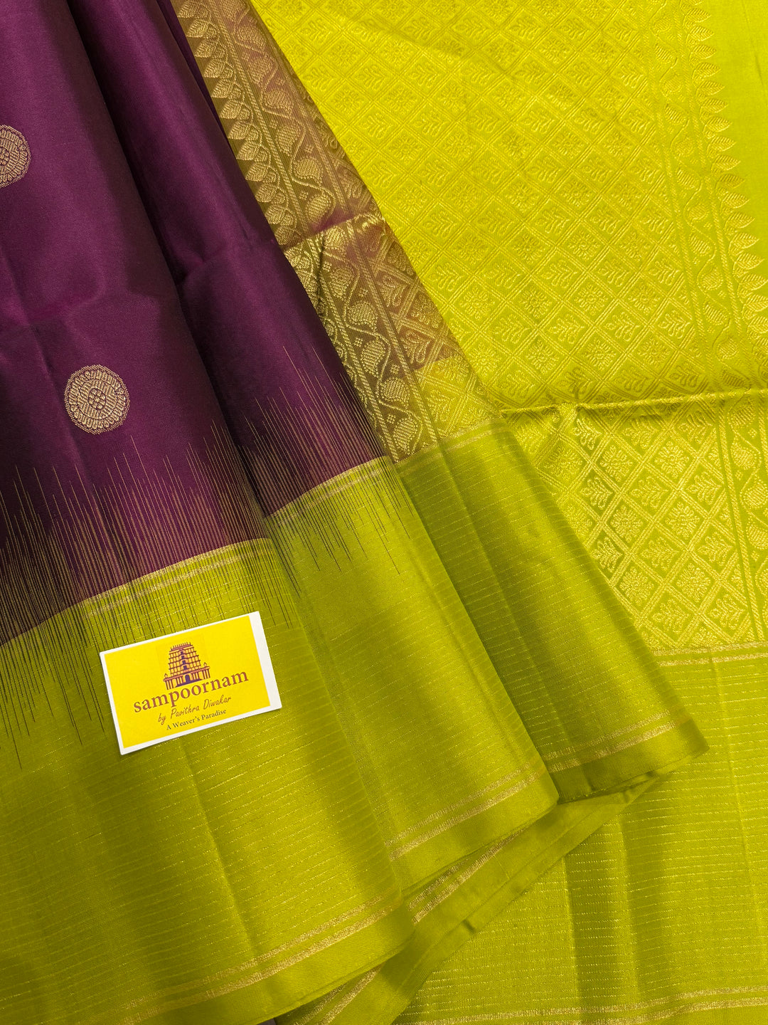 Brinjal Purple with Lemon Green, Rich Coin Zari Butta in The Body Pure Soft Silk Saree