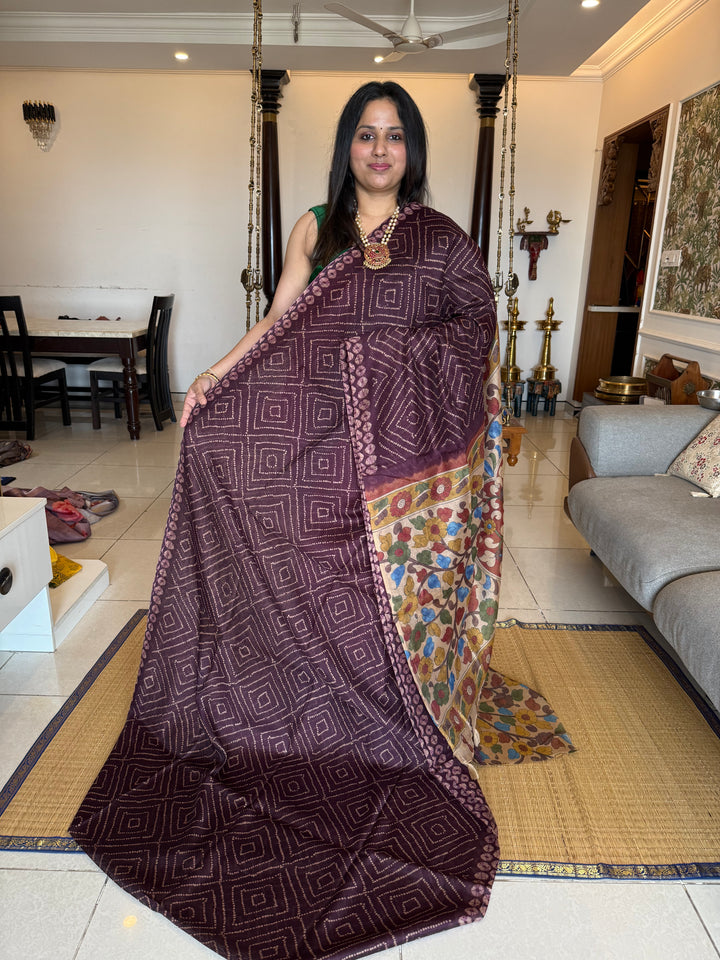 Wine with Cream , Bandini print in the body , Kalamkari Pallu and Body Soft Cotton Saree