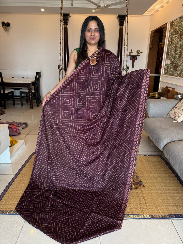 Wine with Cream , Bandini print in the body , Kalamkari Pallu and Body Soft Cotton Saree