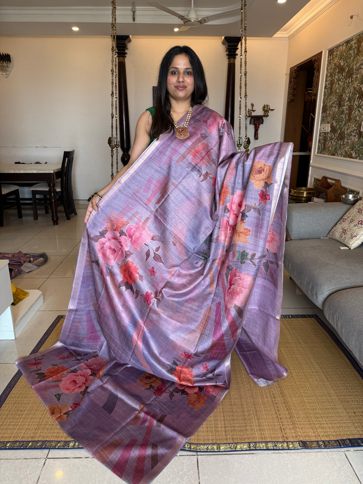 Lavendar with Floral Prints and Body Checks Semi Soft Silk Saree