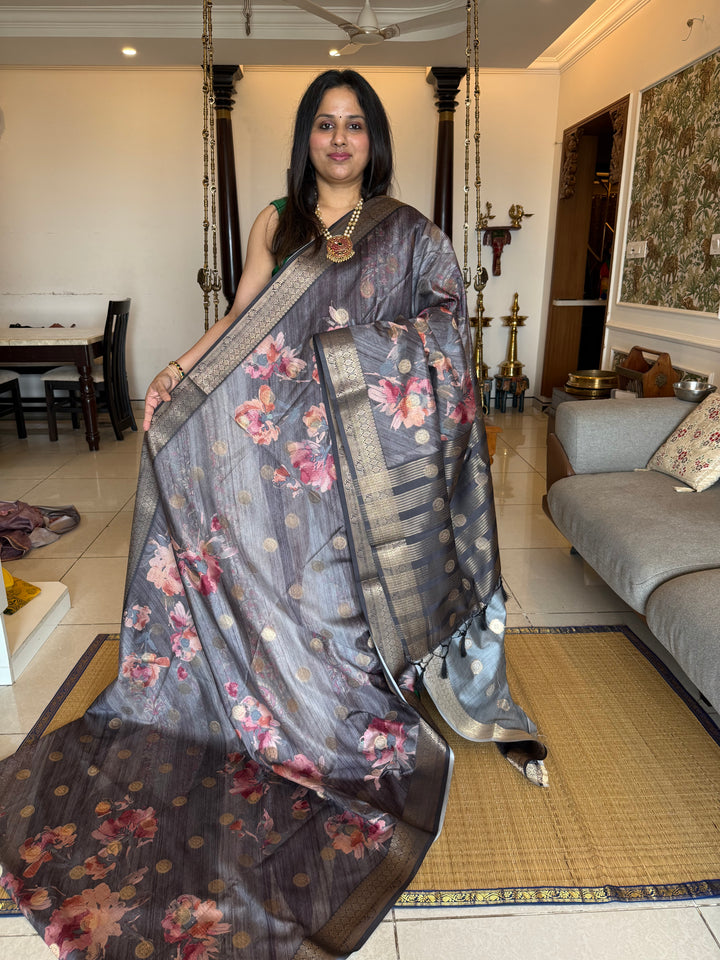 Grey with Floral Print and Body Butta Semi Soft Silk Saree