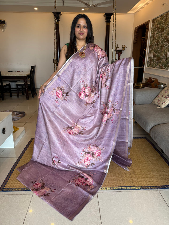 Lavendar with Floral Prints and Body Checks Semi Soft Silk Saree