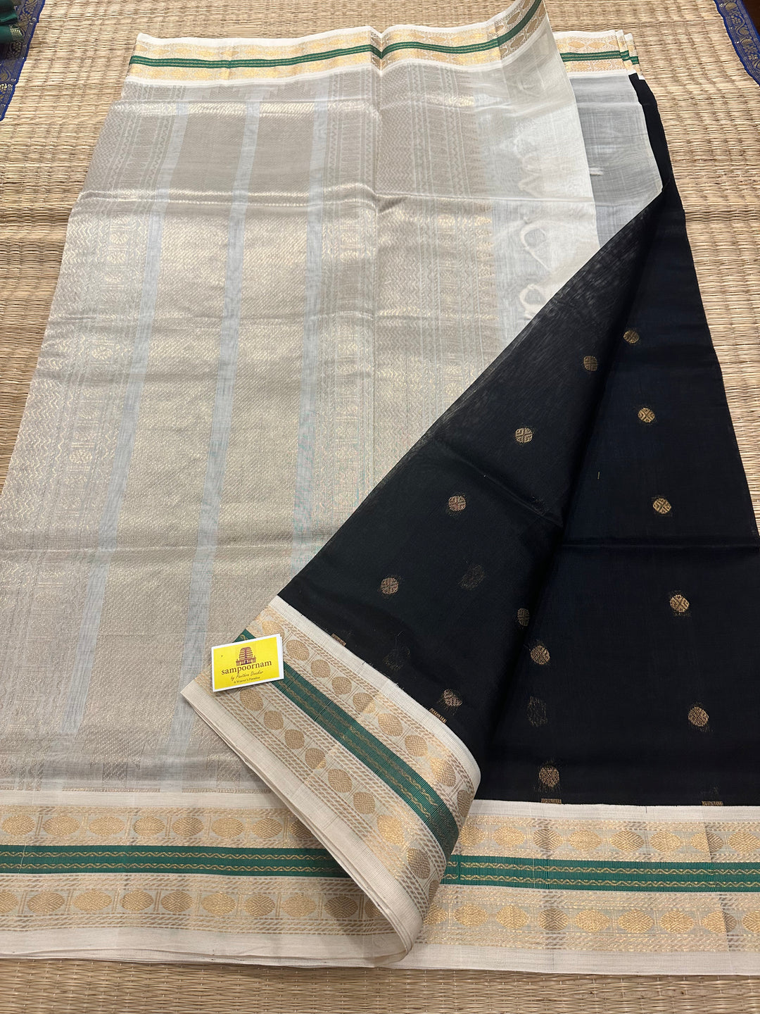 Black with White Body Butta Korvai Silk Cotton Saree