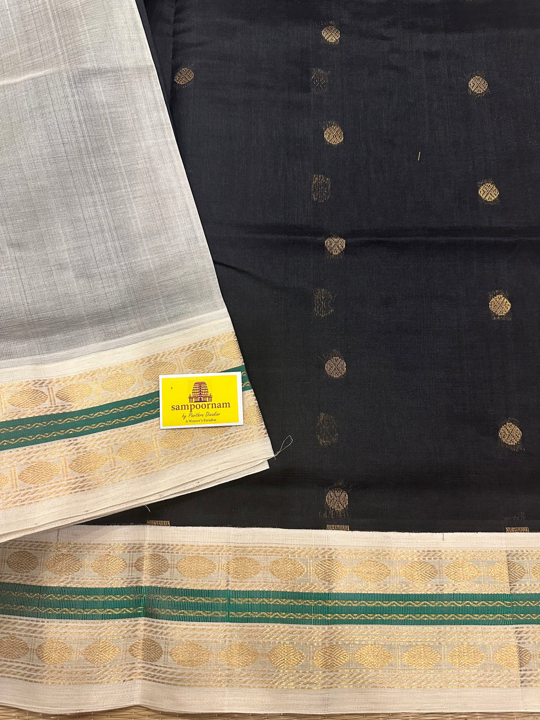 Black with White Body Butta Korvai Silk Cotton Saree